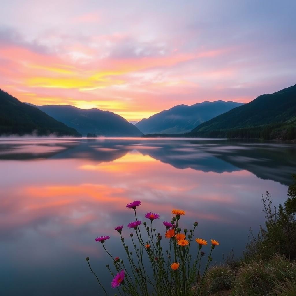A breathtaking sunrise landscape over a tranquil lake, surrounded by lush, green mountains