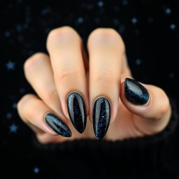 A stunning set of almond-shaped nails with sharp edges, displayed against a dark black background