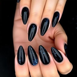 A stunning set of almond-shaped nails with sharp edges, displayed against a dark black background