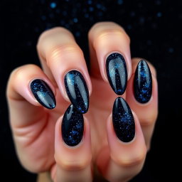 A stunning set of almond-shaped nails with sharp edges, displayed against a dark black background