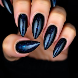 A stunning set of almond-shaped nails with sharp edges, displayed against a dark black background