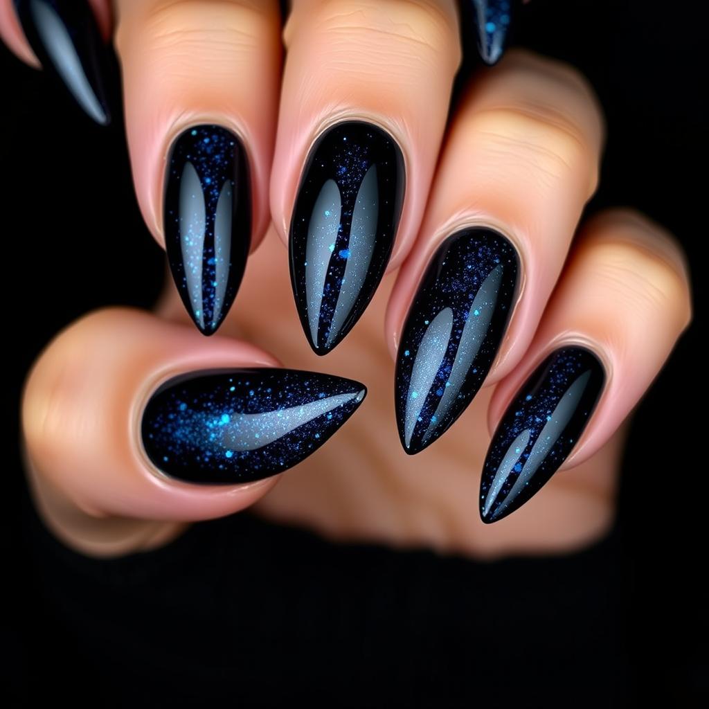 A stunning set of almond-shaped nails with sharp edges, displayed against a dark black background
