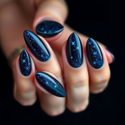 A stunning set of almond-shaped nails with sharp edges, set against a deep navy blue background