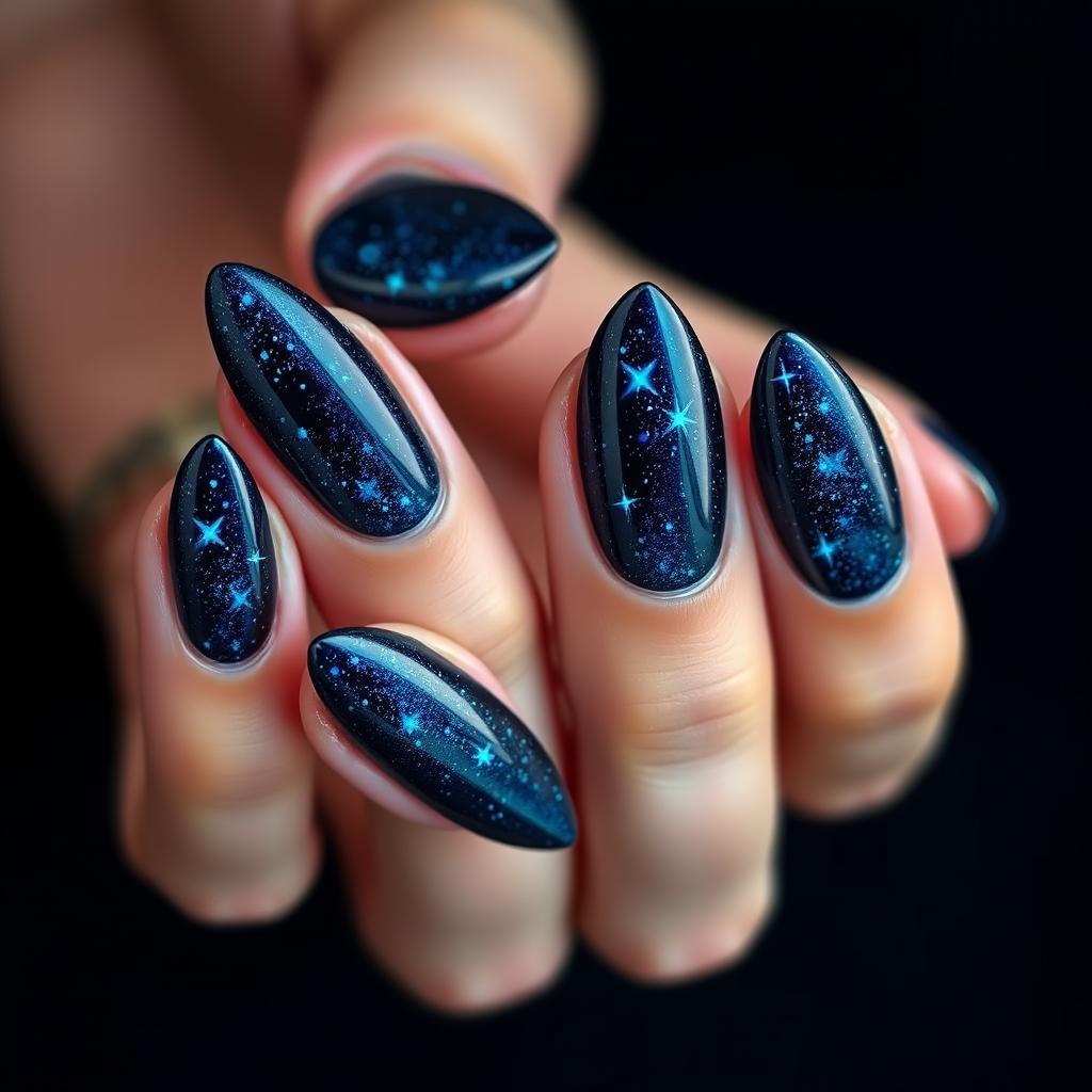 A stunning set of almond-shaped nails with sharp edges, set against a deep navy blue background