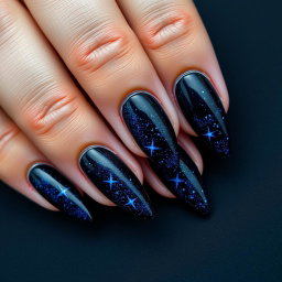 A stunning set of almond-shaped nails with sharp edges, set against a deep navy blue background