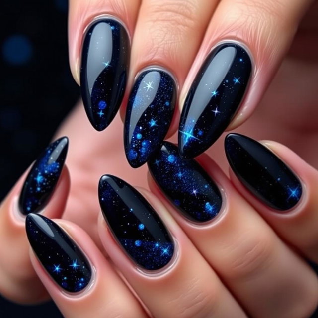 A stunning set of almond-shaped nails with sharp edges, set against a deep navy blue background