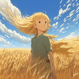 A blonde girl's hair blowing in the wind, standing in a golden wheat field under the vast blue sky sprinkled with fluffy white clouds. Recreate this in Miyazaki Hayao's art style at 16k resolution.