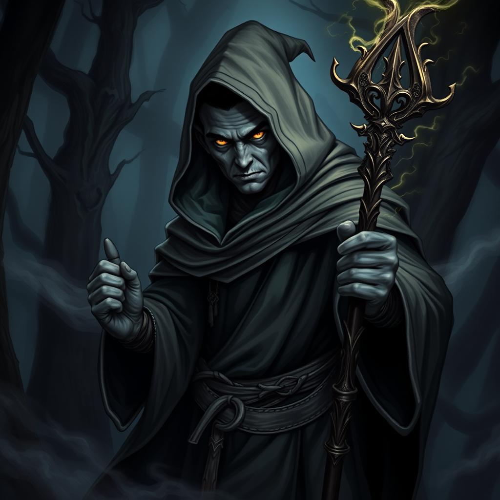 A dark elf magician wielding dark magic, wearing a flowing hooded cloak that shrouds his features in mystery