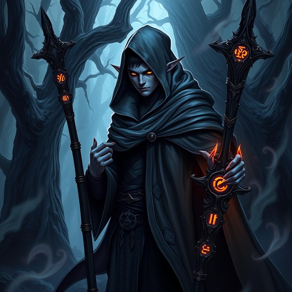 A dark elf male character who wields dark magic, holding a majestic staff adorned with glowing runes