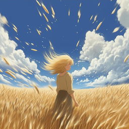 A blonde girl's hair blowing in the wind, standing in a golden wheat field under the vast blue sky sprinkled with fluffy white clouds. Recreate this in Miyazaki Hayao's art style at 16k resolution.