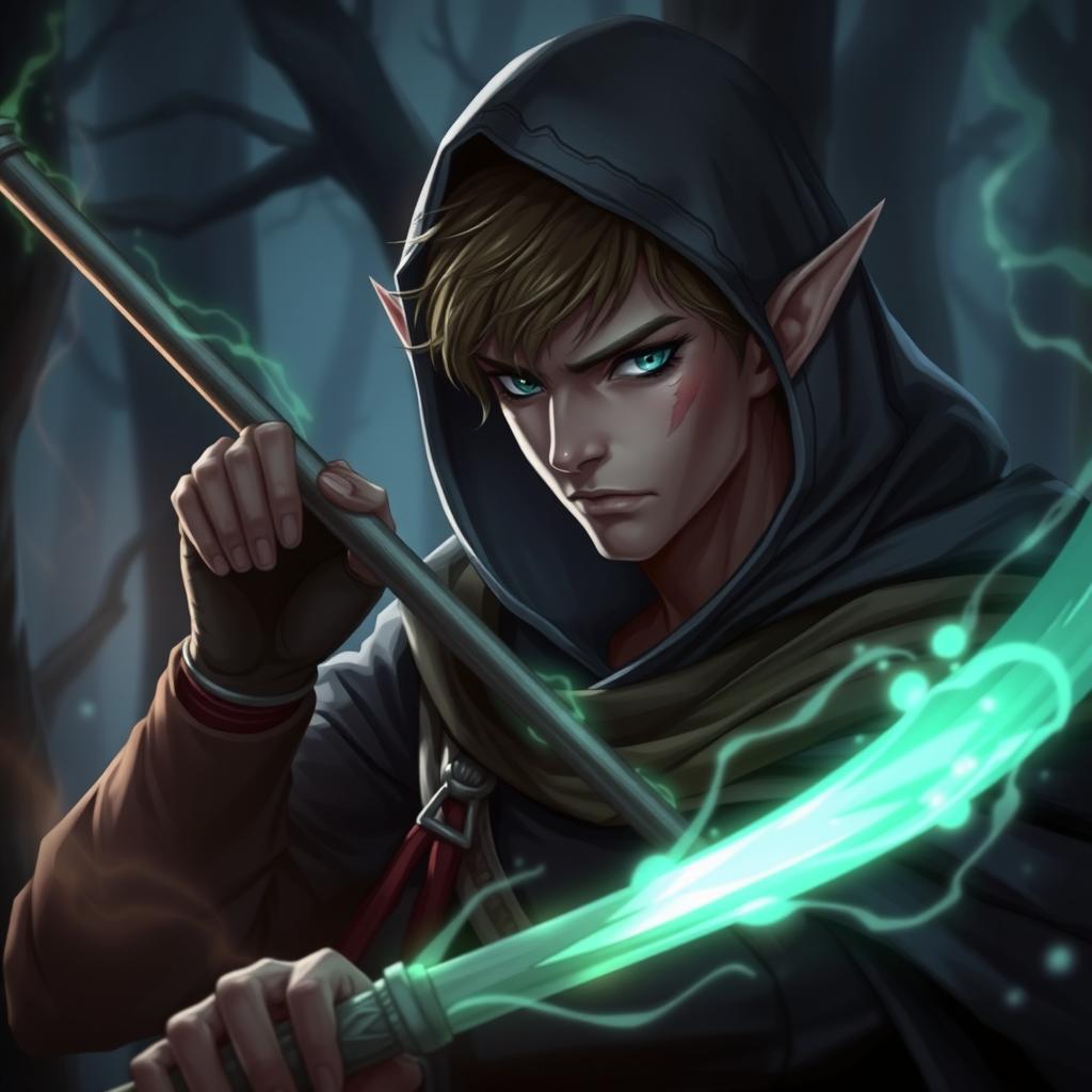 A male dark elf wielding dark magic, with a long staff in hand