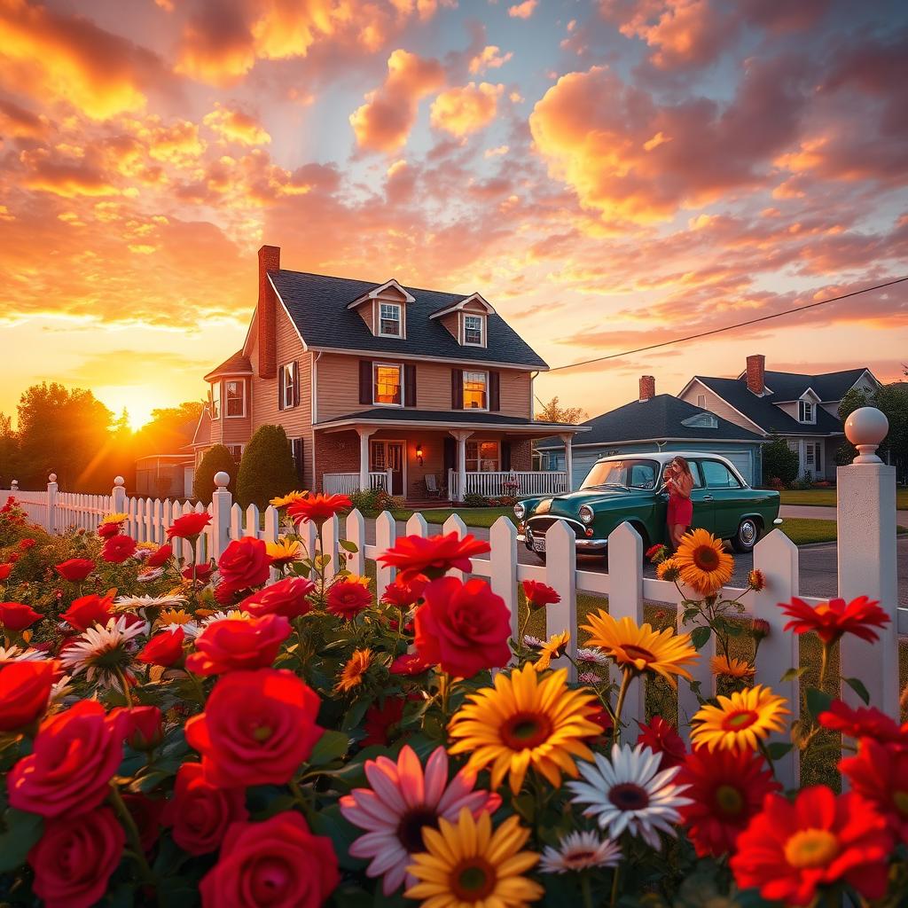 A vibrant and stunning scene inspired by the theme 'American Beauty', featuring a picturesque suburban neighborhood during sunset