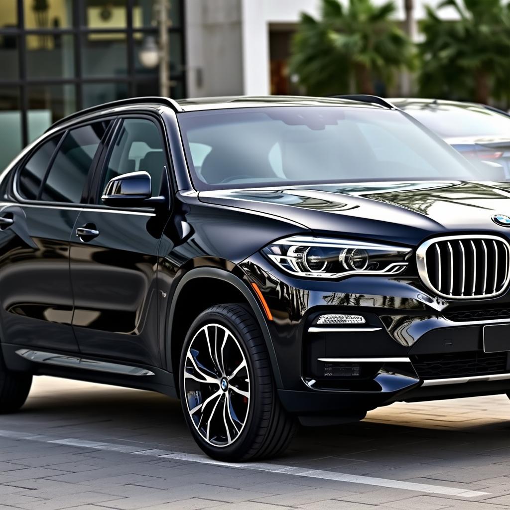 A sleek and modern family sports SUV inspired by the BMW X5 design, featuring a glossy black exterior with smooth curves and sharp lines