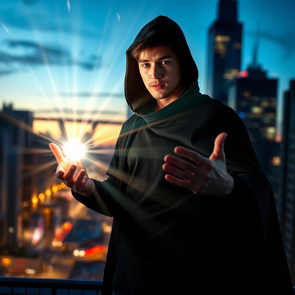 A 24-year-old young man wearing a hooded cape, with a mysterious aura