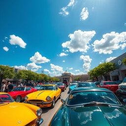 A stunning collection of classic and modern cars displayed in a vibrant city setting, showcasing a variety of makes and models