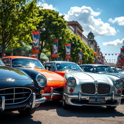 A stunning collection of classic and modern cars displayed in a vibrant city setting, showcasing a variety of makes and models