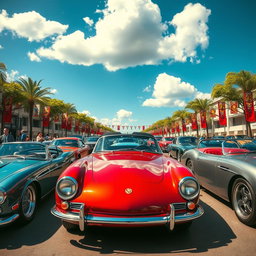 A stunning collection of classic and modern cars displayed in a vibrant city setting, showcasing a variety of makes and models
