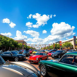 A stunning collection of classic and modern cars displayed in a vibrant city setting, showcasing a variety of makes and models
