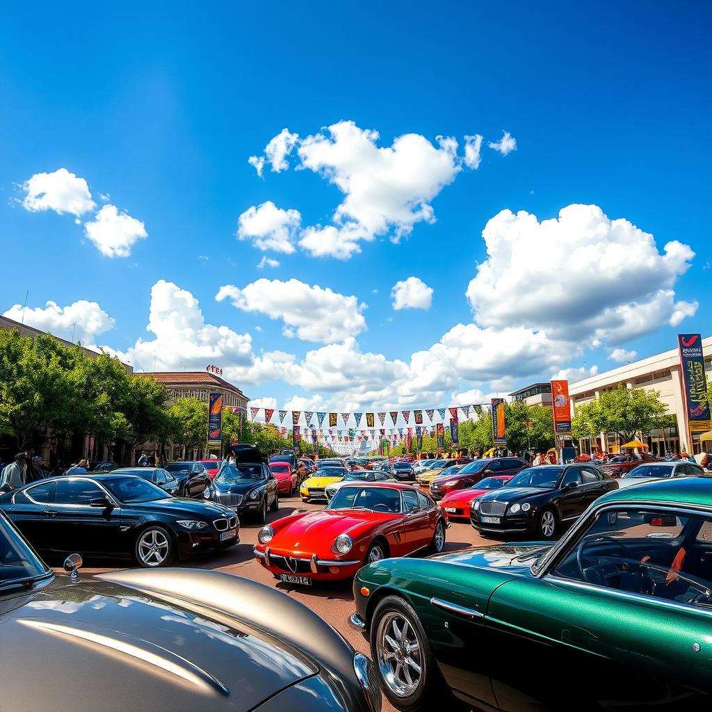 A stunning collection of classic and modern cars displayed in a vibrant city setting, showcasing a variety of makes and models