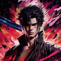 Generate a captivating, JoJo's Bizarre Adventure-inspired, 32k line art illustration. The scene captures a handsome, young man with perfect facial features, depicted as a sci-fi samurai. Rendered in black and white, he is the protagonist, brandishing his sword, set in a cinematic spectacle, punctuated by vivid splashes of color.