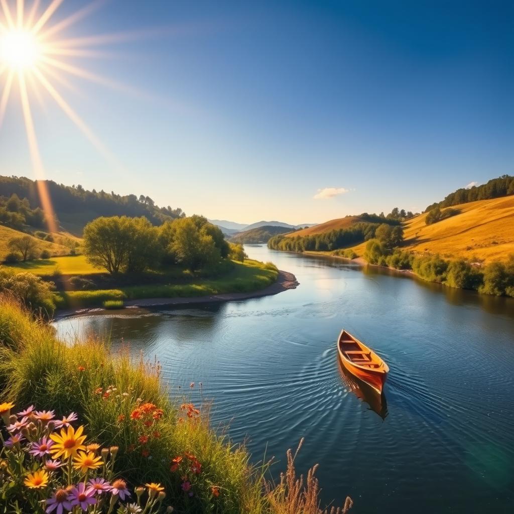 A picturesque, serene landscape showcasing a winding river under a bright blue sky, surrounded by lush green trees and rolling hills