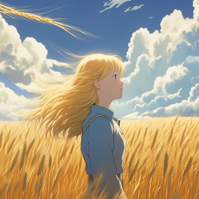 A blonde girl's hair blowing in the wind, standing in a golden wheat field under the vast blue sky sprinkled with fluffy white clouds. Recreate this in Miyazaki Hayao's art style at 16k resolution.