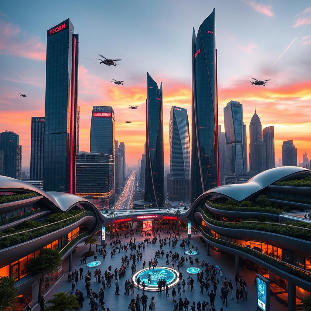 A futuristic city skyline at sunset, showcasing towering skyscrapers with neon lights reflecting off glass surfaces