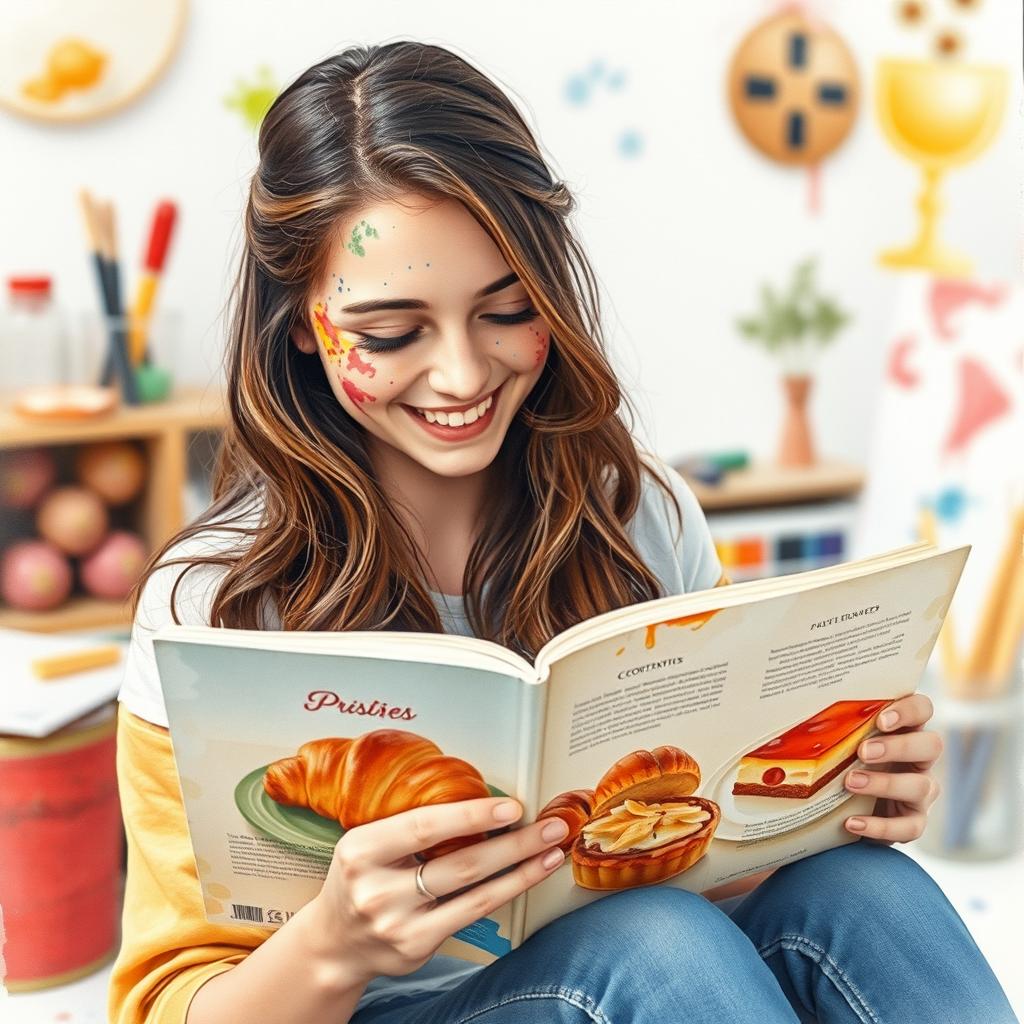 A captivating watercolour painting featuring a brunette girl in her twenties, adorned with vibrant splatters of various paints on her face, deeply engrossed in reading a book about cooking pastries