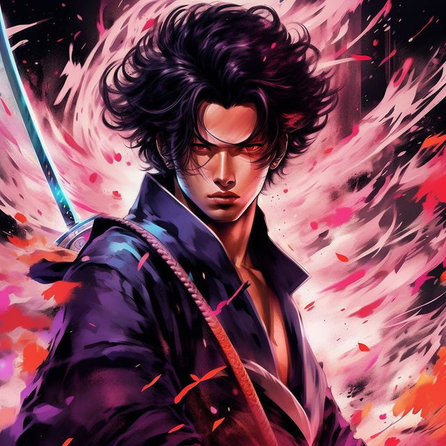 Generate a captivating, JoJo's Bizarre Adventure-inspired, 32k line art illustration. The scene captures a handsome, young man with perfect facial features, depicted as a sci-fi samurai. Rendered in black and white, he is the protagonist, brandishing his sword, set in a cinematic spectacle, punctuated by vivid splashes of color.