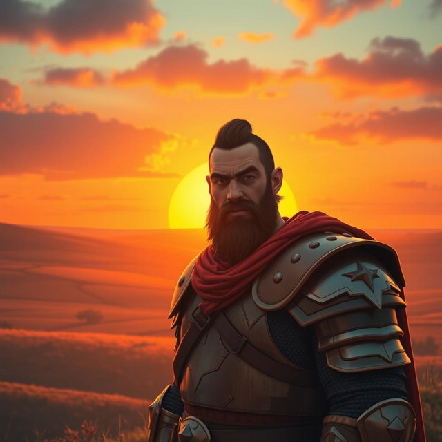 Askeladd with a mocking expression stands against a backdrop of a vivid orange sunset, wearing his characteristic armor