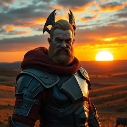 Askeladd with a mocking expression stands against a backdrop of a vivid orange sunset, wearing his characteristic armor