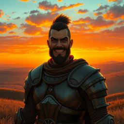 Askeladd with a mocking expression stands against a backdrop of a vivid orange sunset, wearing his characteristic armor