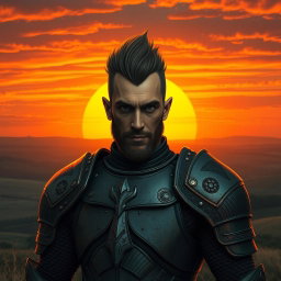 Askeladd with a mocking expression stands against a backdrop of a vivid orange sunset, wearing his characteristic armor