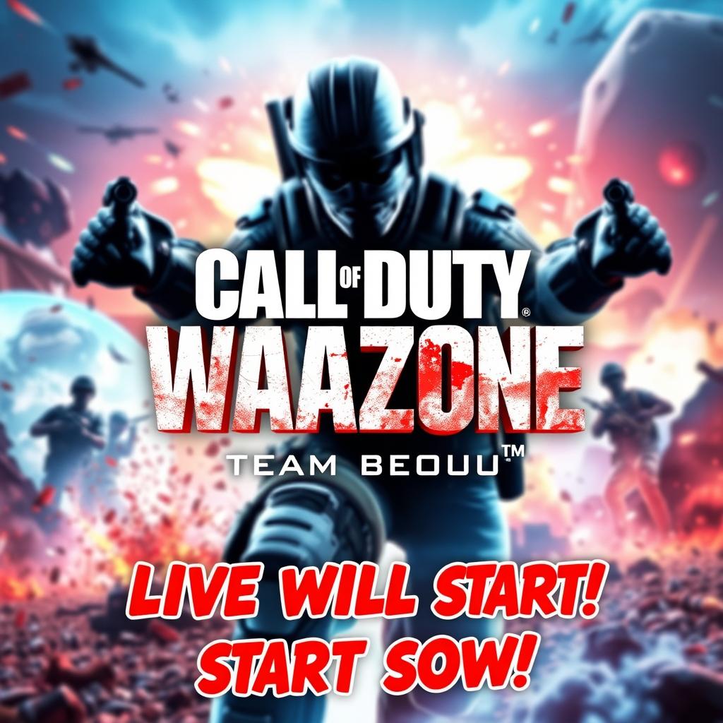 A dynamic live streaming gaming thumbnail featuring an exciting background of Call of Duty Warzone, showcasing a dramatic battlefield scene with action-packed visuals