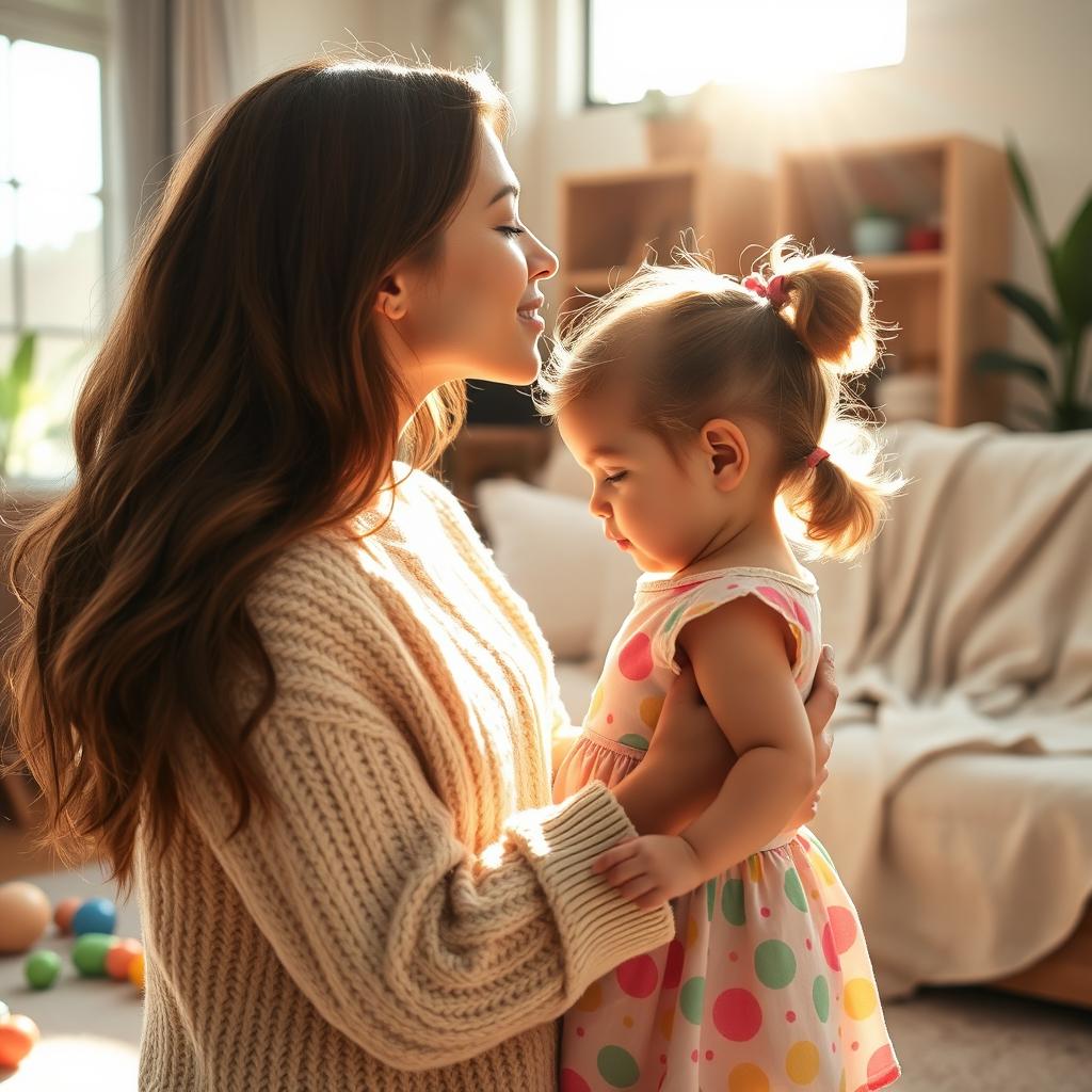 A tender and loving scene capturing a young mother softly kissing her daughter on the forehead in a beautifully decorated living room