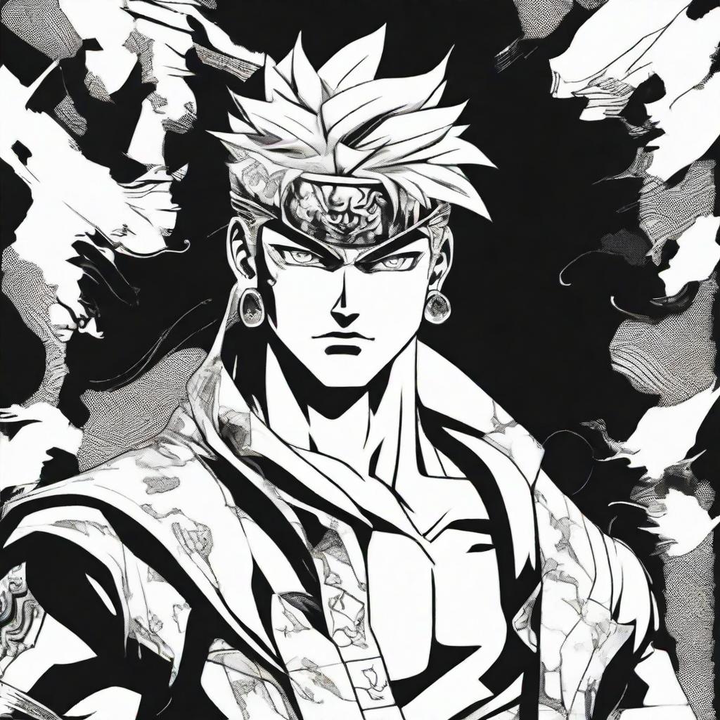 Craft a breathtaking 32k line art illustration inspired by JoJo's Bizarre Adventure. The focal point is a handsome young man with perfect facial features assuming the role of a sci-fi samurai. Immerse him in a dramatic and cinematic setting, all in black and white with distinctive splashes of color.