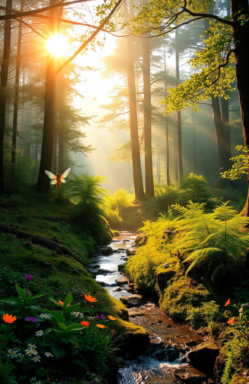 A dreamy forest landscape at sunrise, with soft golden rays filtering through the dense trees