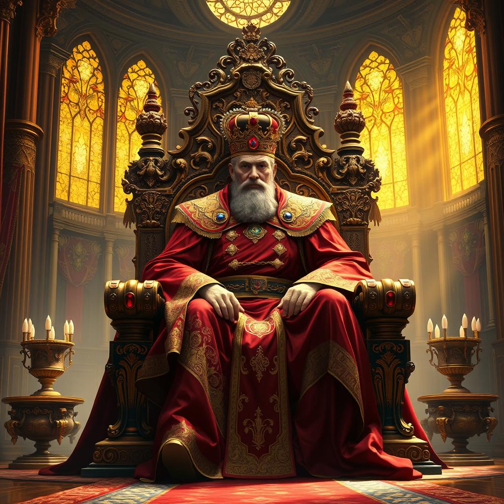 A majestic fantasy scene depicting a powerful emperor sitting on an ornate throne adorned with gemstones and intricate carvings