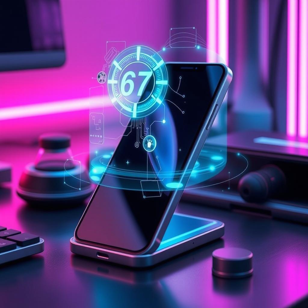 A futuristic iPhone 67, featuring a sleek and innovative design with a holographic display that projects interactive visuals above the device