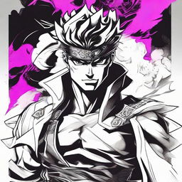 Craft a breathtaking 32k line art illustration inspired by JoJo's Bizarre Adventure. The focal point is a handsome young man with perfect facial features assuming the role of a sci-fi samurai. Immerse him in a dramatic and cinematic setting, all in black and white with distinctive splashes of color.