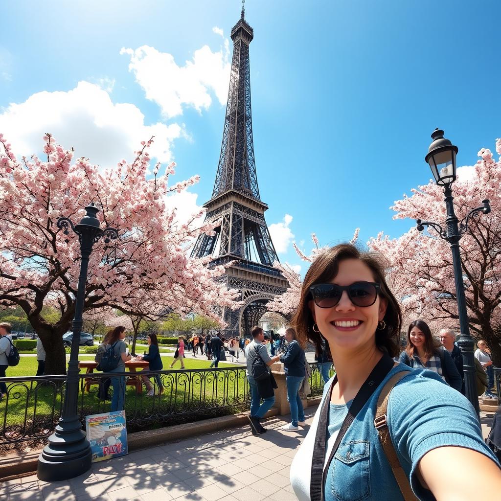 A scenic view of a person standing in front of the iconic Eiffel Tower in Paris, France