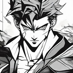 Craft a breathtaking 32k line art illustration inspired by JoJo's Bizarre Adventure. The focal point is a handsome young man with perfect facial features assuming the role of a sci-fi samurai. Immerse him in a dramatic and cinematic setting, all in black and white with distinctive splashes of color.