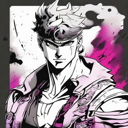 Craft a breathtaking 32k line art illustration inspired by JoJo's Bizarre Adventure. The focal point is a handsome young man with perfect facial features assuming the role of a sci-fi samurai. Immerse him in a dramatic and cinematic setting, all in black and white with distinctive splashes of color.