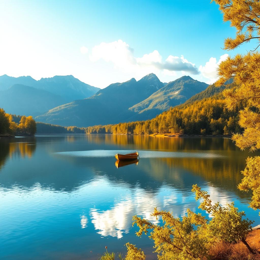 A serene landscape featuring a tranquil lake surrounded by lush green trees and majestic mountains in the background