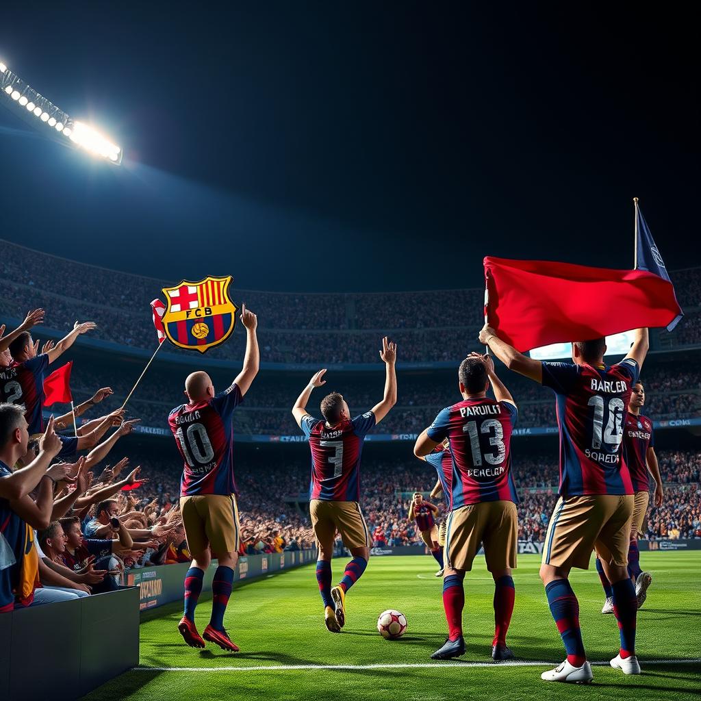 A dramatic football scene capturing the excitement of FC Barcelona defeating Paris Saint-Germain