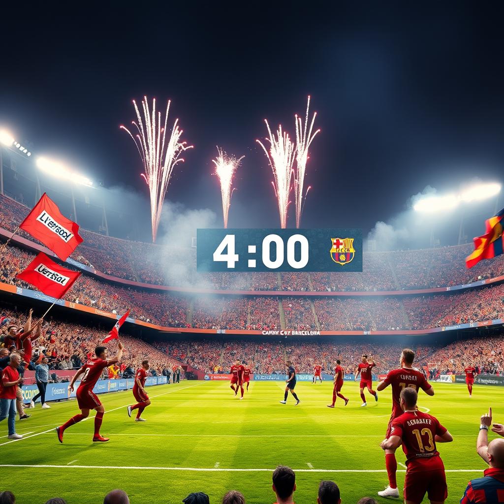 A dramatic soccer match scene at Camp Nou, depicting Liverpool defeating Barcelona 4-0