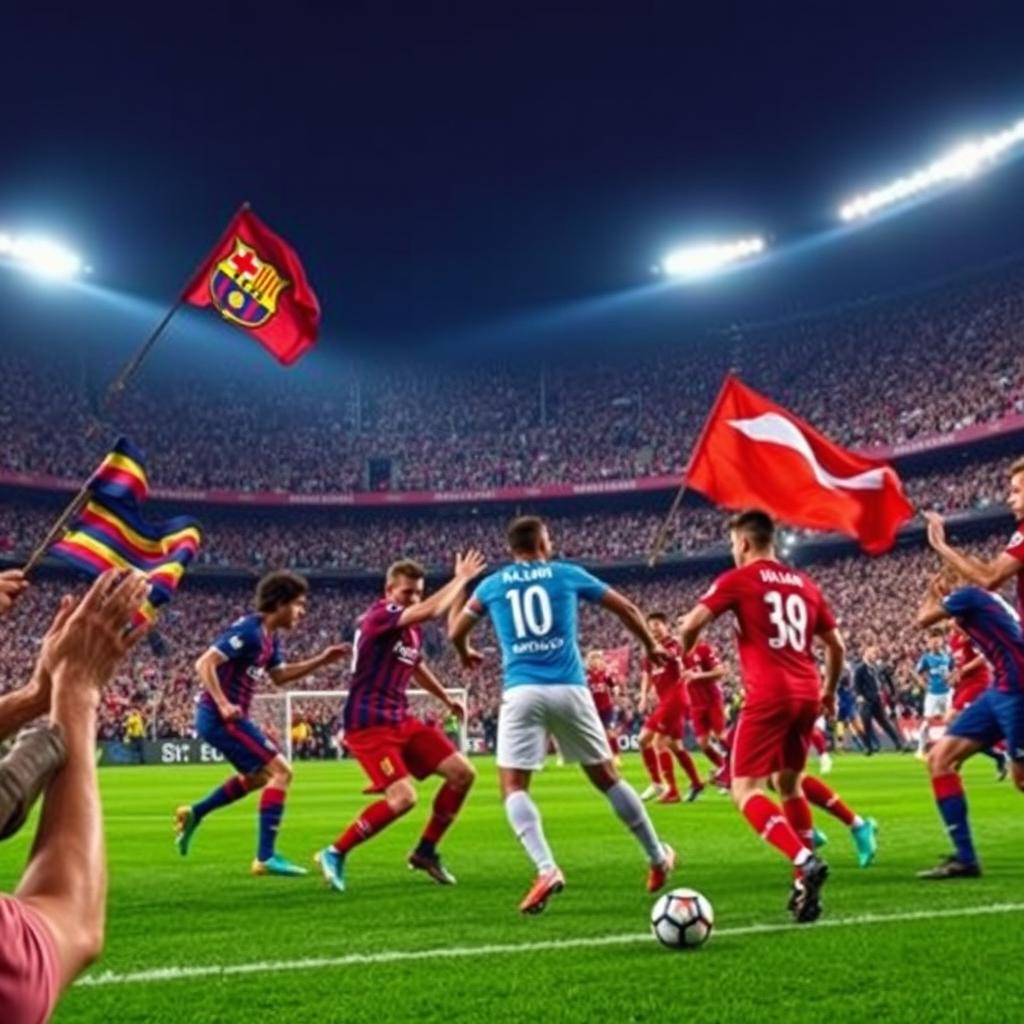 A dynamic scene capturing the intense atmosphere of a football match between FC Barcelona and Liverpool in 2019