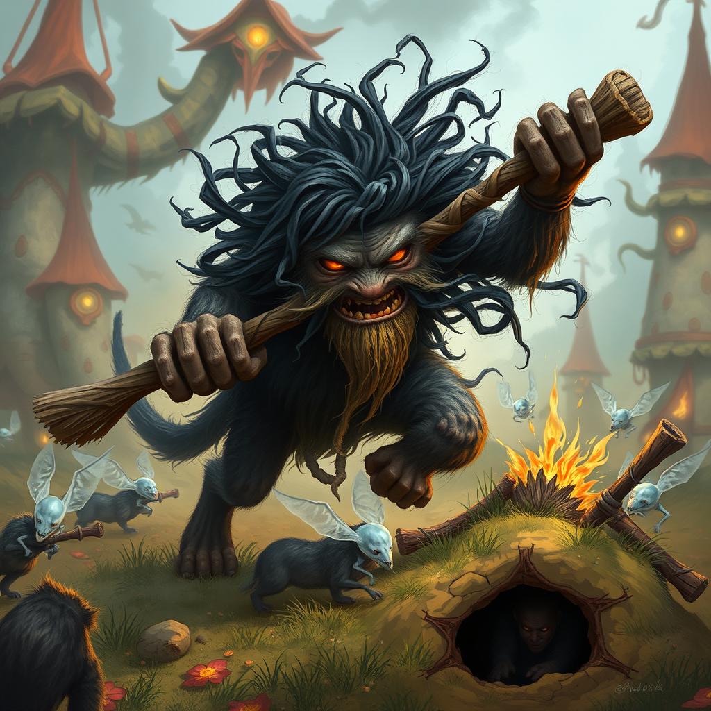 An old Korgi with tangled black fur, depicted charging into battle equipped with a long, twisted stick as a weapon