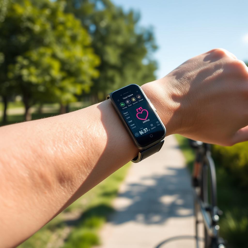 A futuristic body tracker, designed with sleek technology and an ergonomic shape, displaying various health metrics in a vibrant digital interface