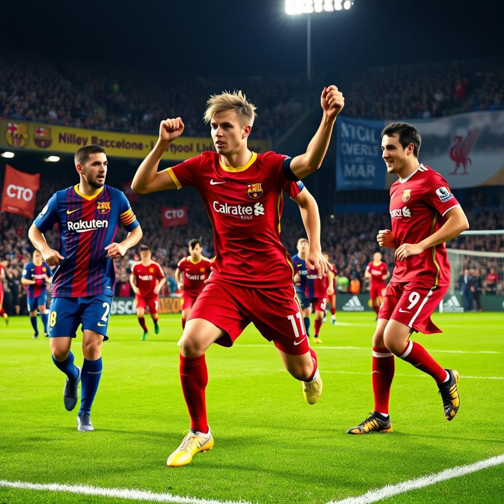 A dramatic football match scene featuring FC Barcelona and Liverpool players on the field, showcasing intense action and emotional expressions
